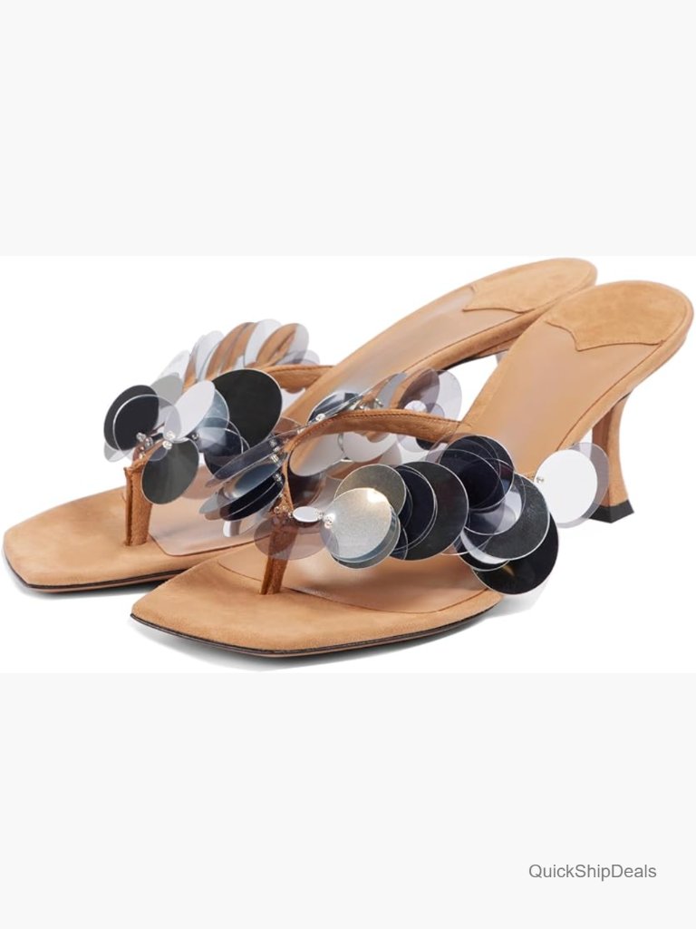 Suede Sequin Kitten Heels Strappy Thong Slide Sandals